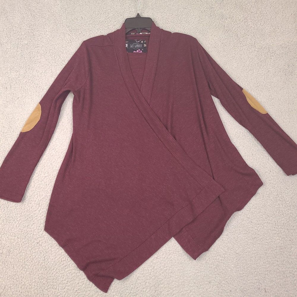 Sweet Wanderer Sweater Womens Medium Red Open Front Cardigan Elbow Patches‎